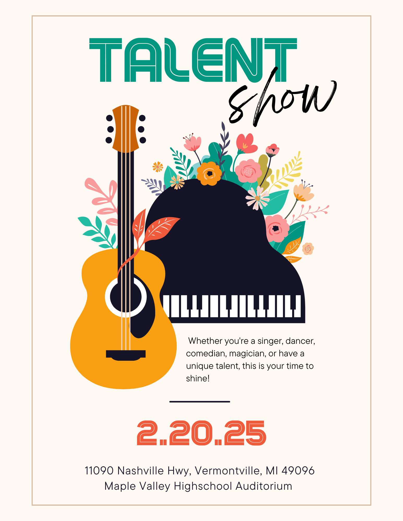 Talent Show, whether you're a singer, dancer, comedian, magician, or have a unique talent, this if your time to shine! 2.20.25, 11090 nashville hwy, vermontville, mi 49096. Maple Valley Highschool Auditorium